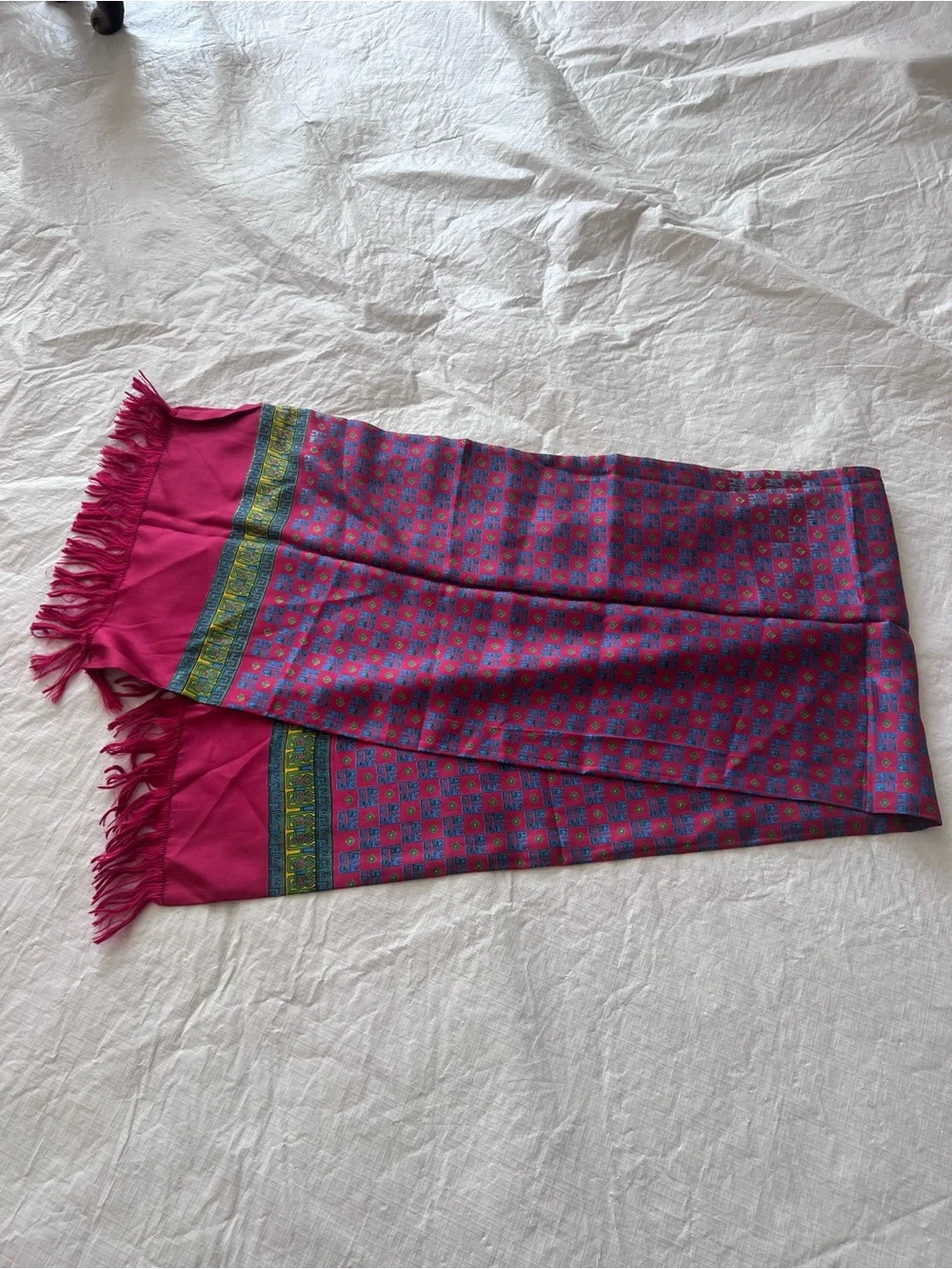 Vintage Unisex Republic of China 100% Silk Hand Printed Fringe Scarf 11 x 50